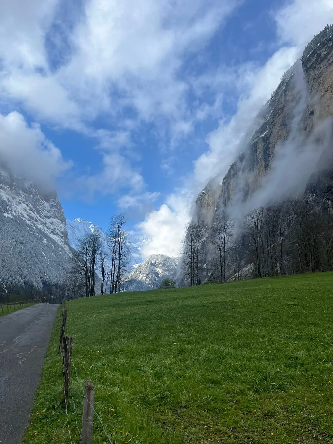 A cliff face rising straight out of a green field under a bright sky.