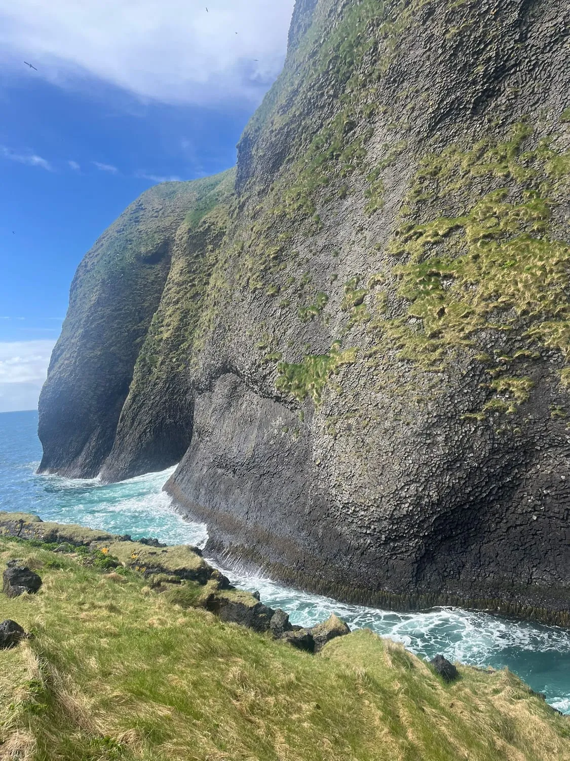 Steep green sea cliffs falling to a river mouth and open ocean.