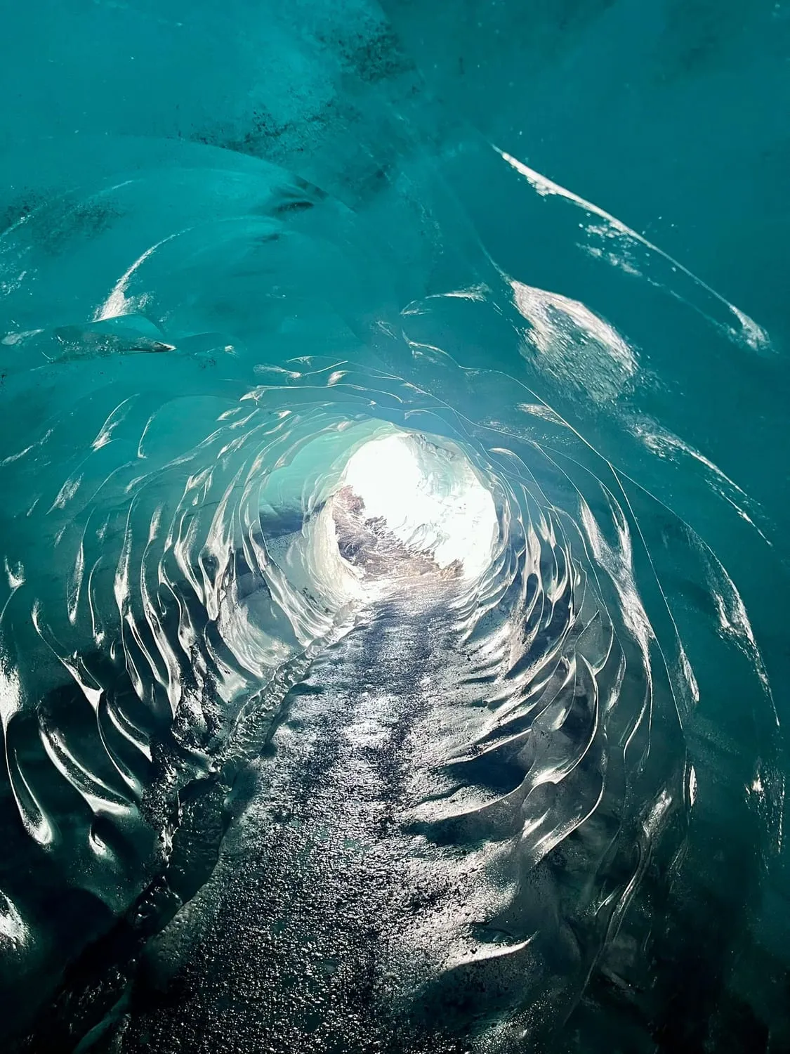 The inside of a glacier tunnel, ribbed turquoise ice curving away towards the light.