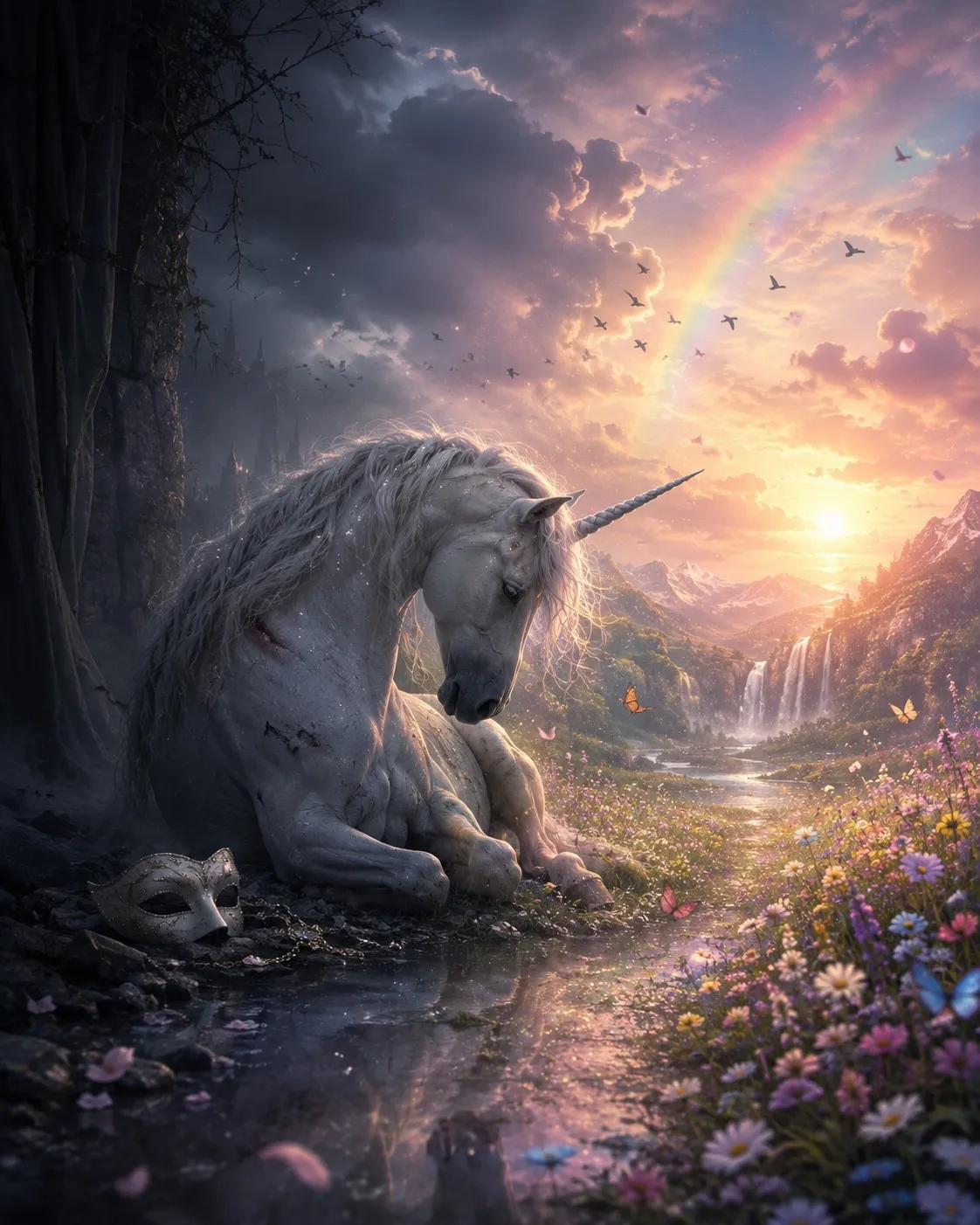 A unicorn resting in shadow at the edge of a dark wood, a discarded mask on the ground, a bright valley and rainbow beyond.