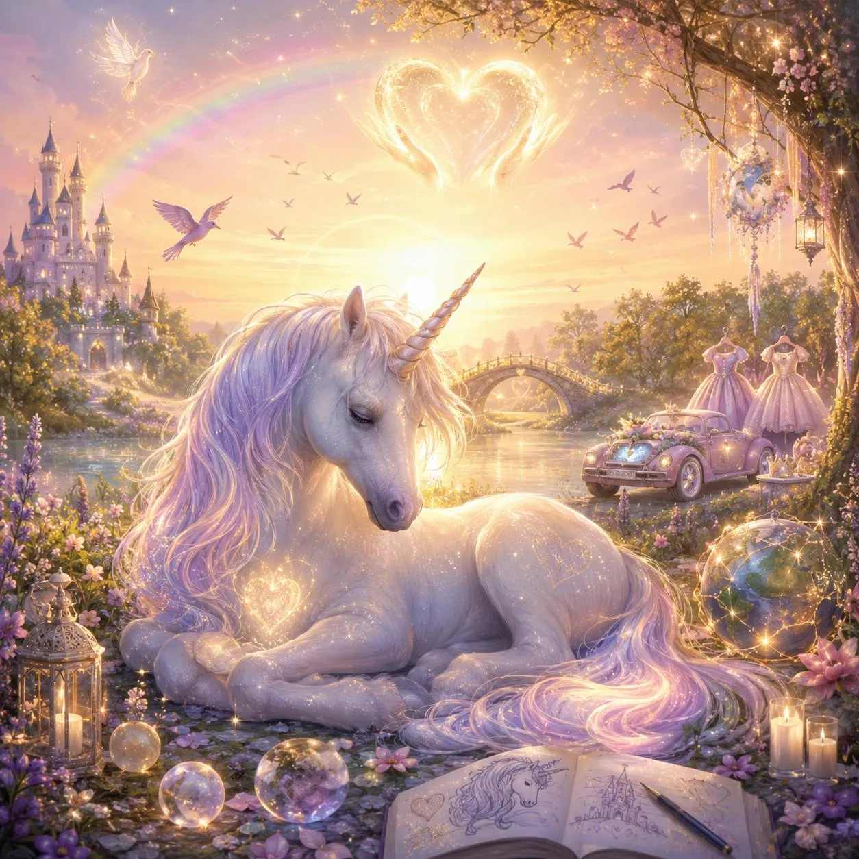 A unicorn resting among flowers at sunrise, with a castle, a bridge, dresses and a decorated car in the distance.