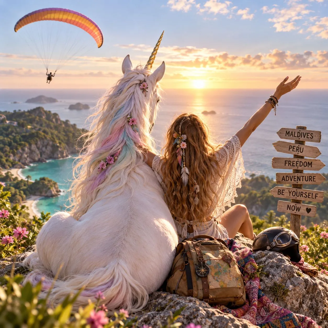 A woman and a unicorn sitting together on a clifftop at sunset, looking out over the sea, one of her arms raised; a paraglider overhead and a wooden signpost reading Maldives, Peru, Freedom, Adventure, Be Yourself and Now.