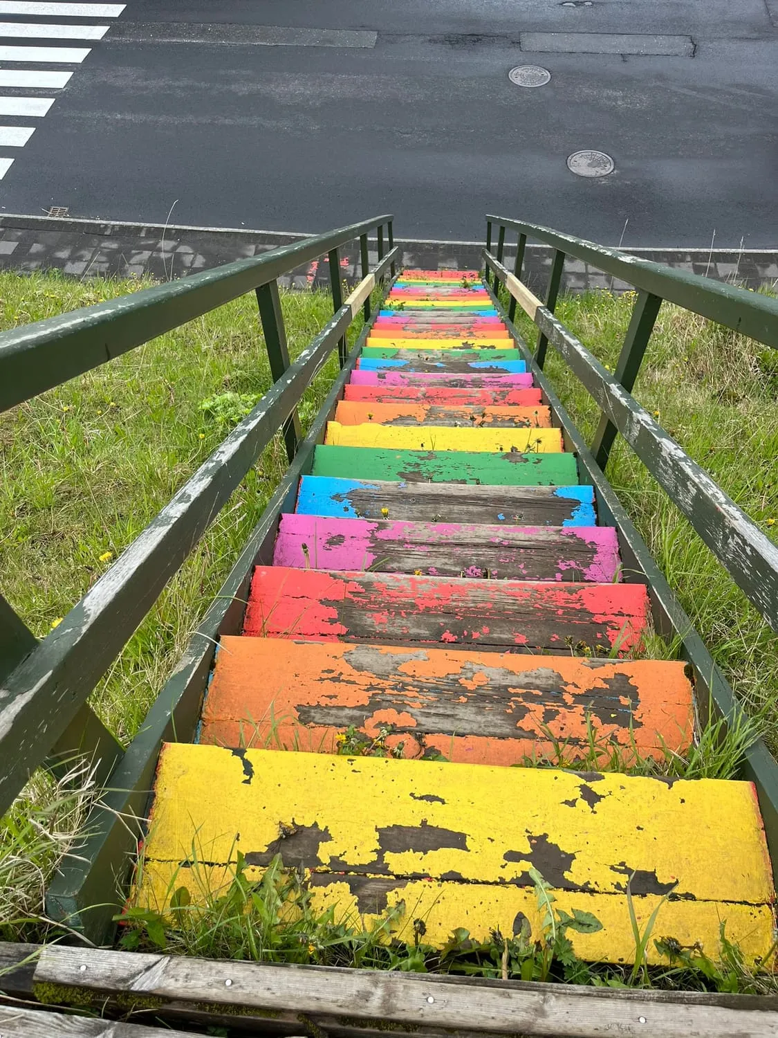 A long flight of wooden steps painted in bands of rainbow colour, climbing a grass slope.