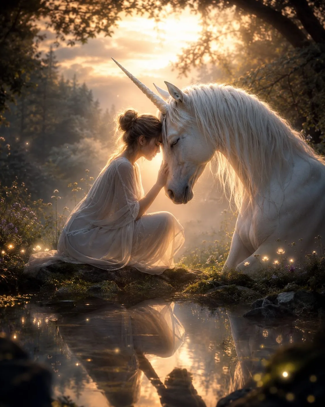 A woman kneeling at the edge of a still pool at sunrise, her forehead resting against the forehead of a white unicorn.