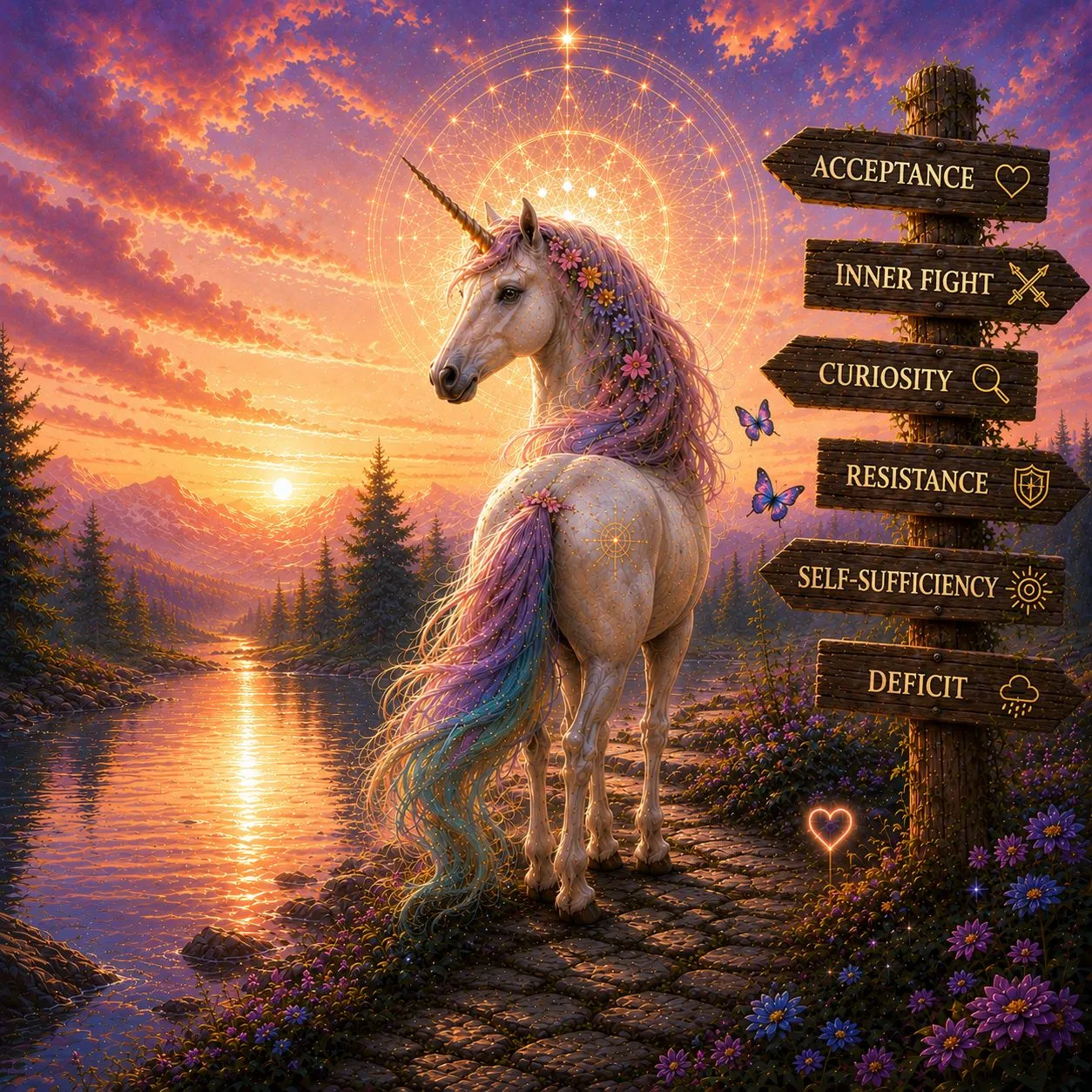 A unicorn with a flower-braided mane standing on a stone path by a lake at sunrise, beside a wooden signpost pointing to Acceptance, Inner Fight, Curiosity, Resistance, Self-Sufficiency and Deficit.