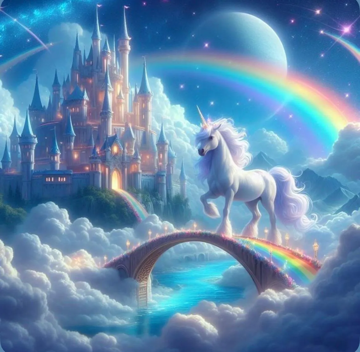 A white unicorn crossing a rainbow bridge above the clouds, towards a lit castle under a large moon.