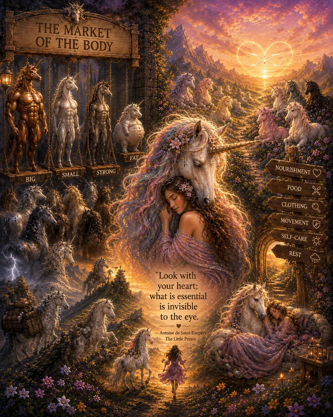 A woman resting against a unicorn at the centre of a scene; to one side a market stall hung with bodies labelled big, small, strong and fat.