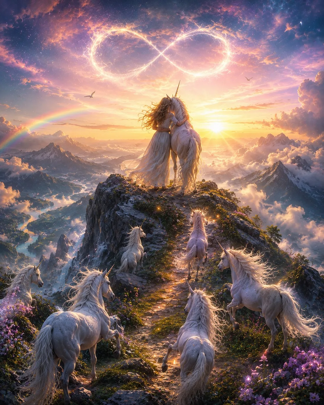 A figure embracing a unicorn on a mountain summit at sunrise, other unicorns climbing the path, a lemniscate of light in the sky.