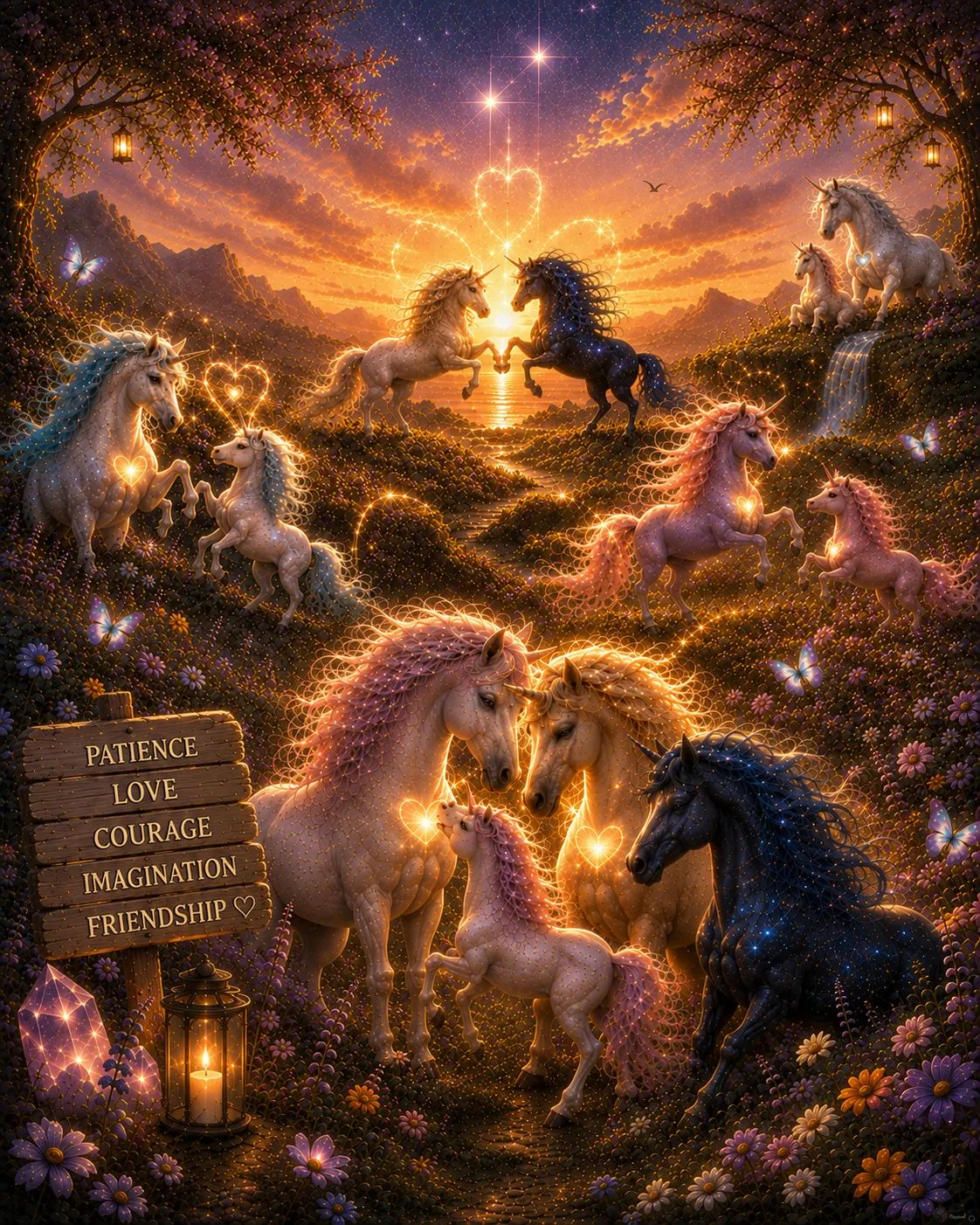 Unicorns gathered in a flowering meadow at sunset, two of them rearing to touch noses above the sea, with a wooden signpost among the flowers.